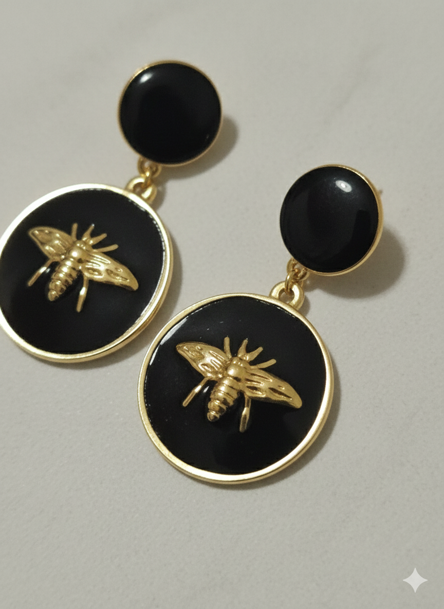 18K Gold Plated Vintage Statement Bee & Black Enamel Medallion Earrings