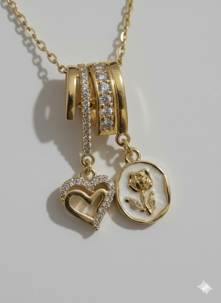 18K Gold Plated Vintage Romantic Multi-Charm Heart & Rose Necklace