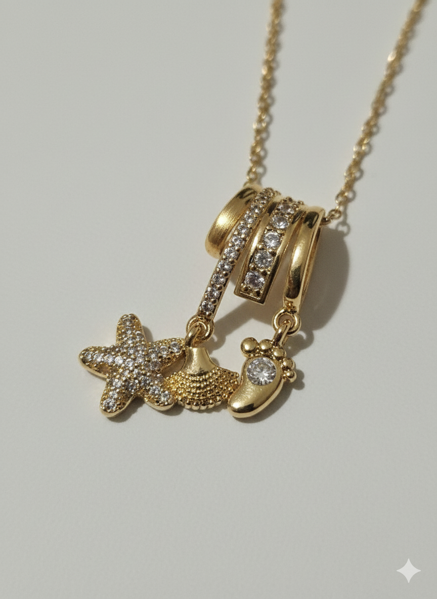 Stainless Steel Mother & Baby Charm Necklace - Gold Star & Baby Footprint