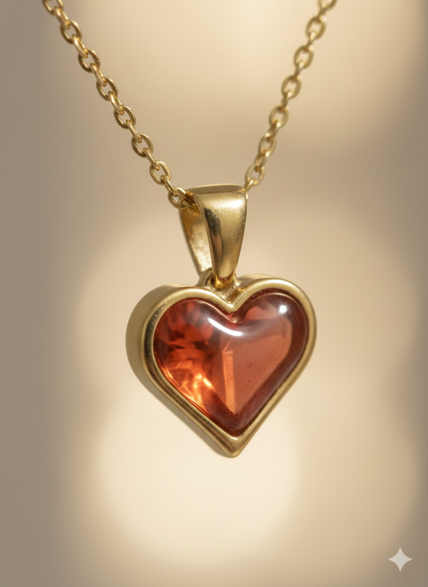 18K Gold Plated Vintage Minimalist Heart Necklace with Amber Glass