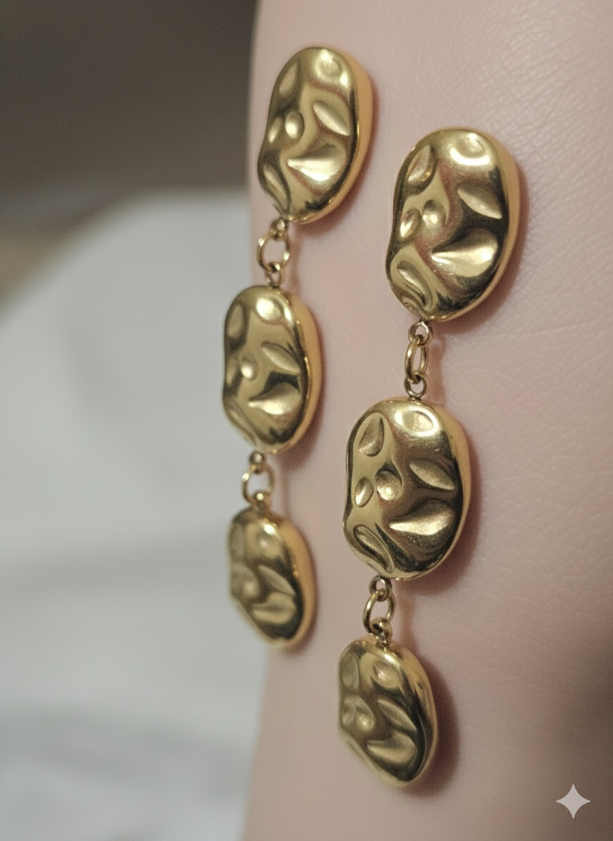 Stainless Steel Organic Hammered Triple Drop Earrings - Tarnish-Free Gold Dangles