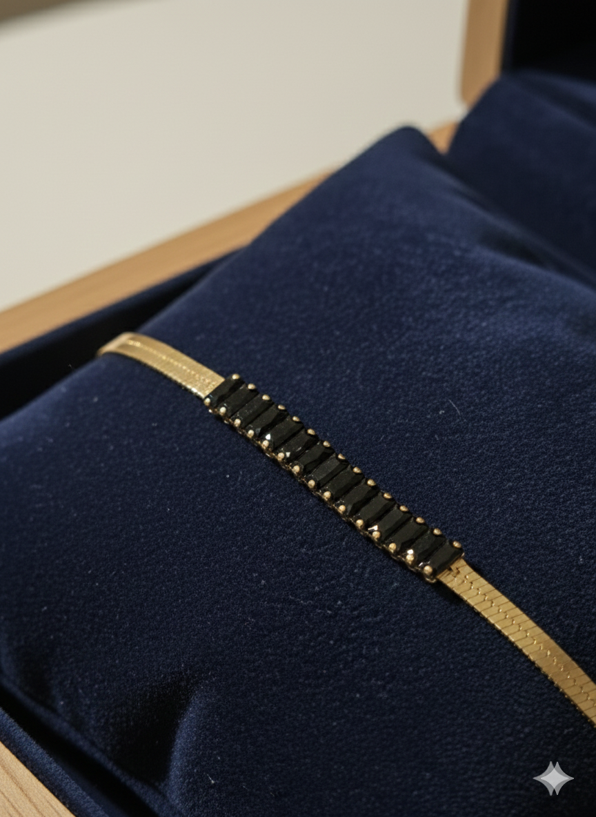 Elegant Herringbone Snake Chain Bracelet with Black Baguette Zirconia