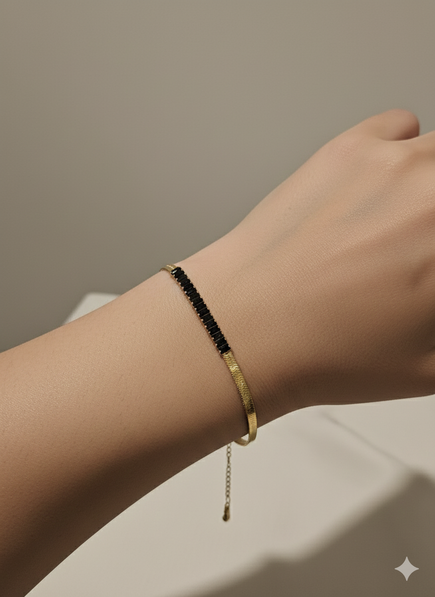 Elegant Herringbone Snake Chain Bracelet with Black Baguette Zirconia