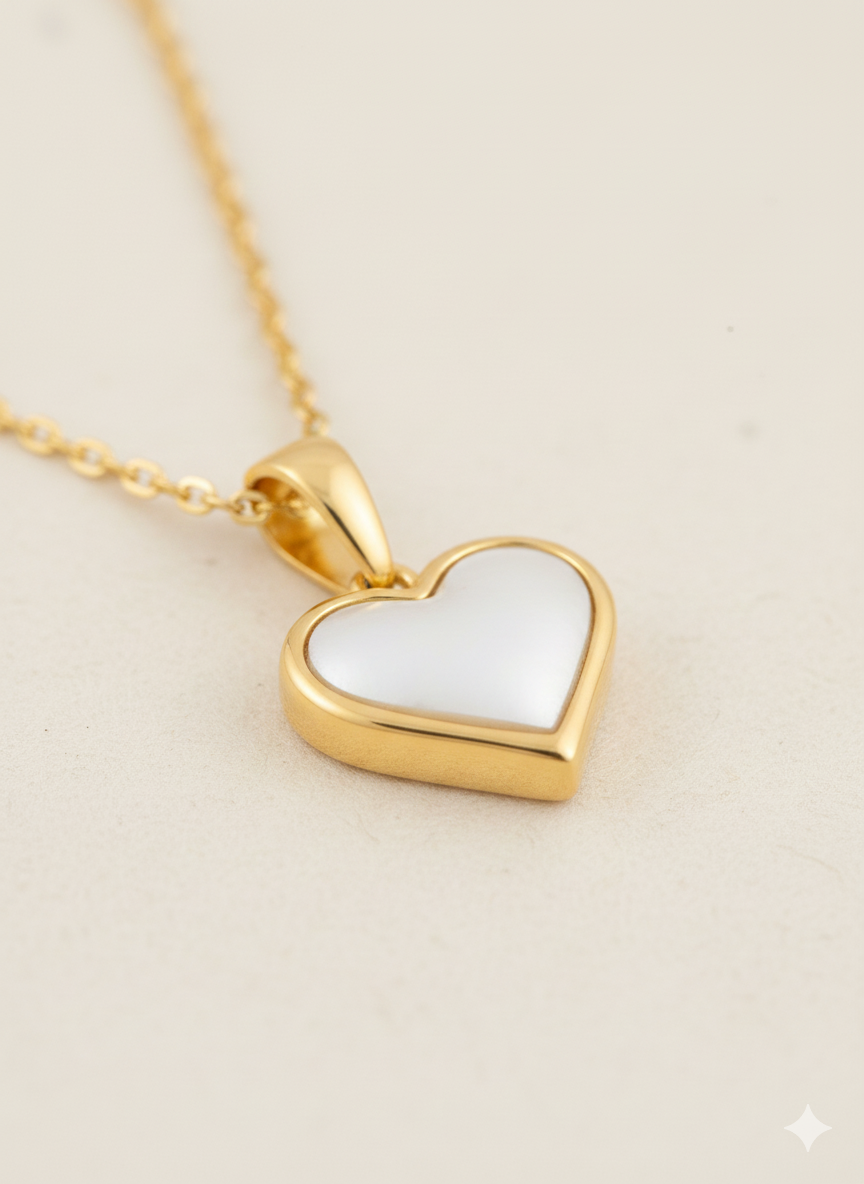 The "Amora" Pearlescent Heart Necklace – 18K Gold Plated Stainless Steel with Lustrous Heart Charm
