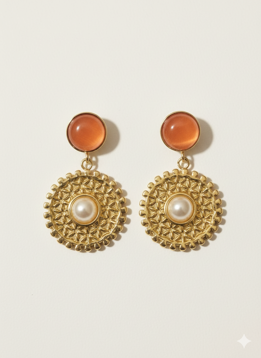 Vintage Medallion Drop Earrings – 18K Gold Plated with Faux Pearl & Amber Resin Detail