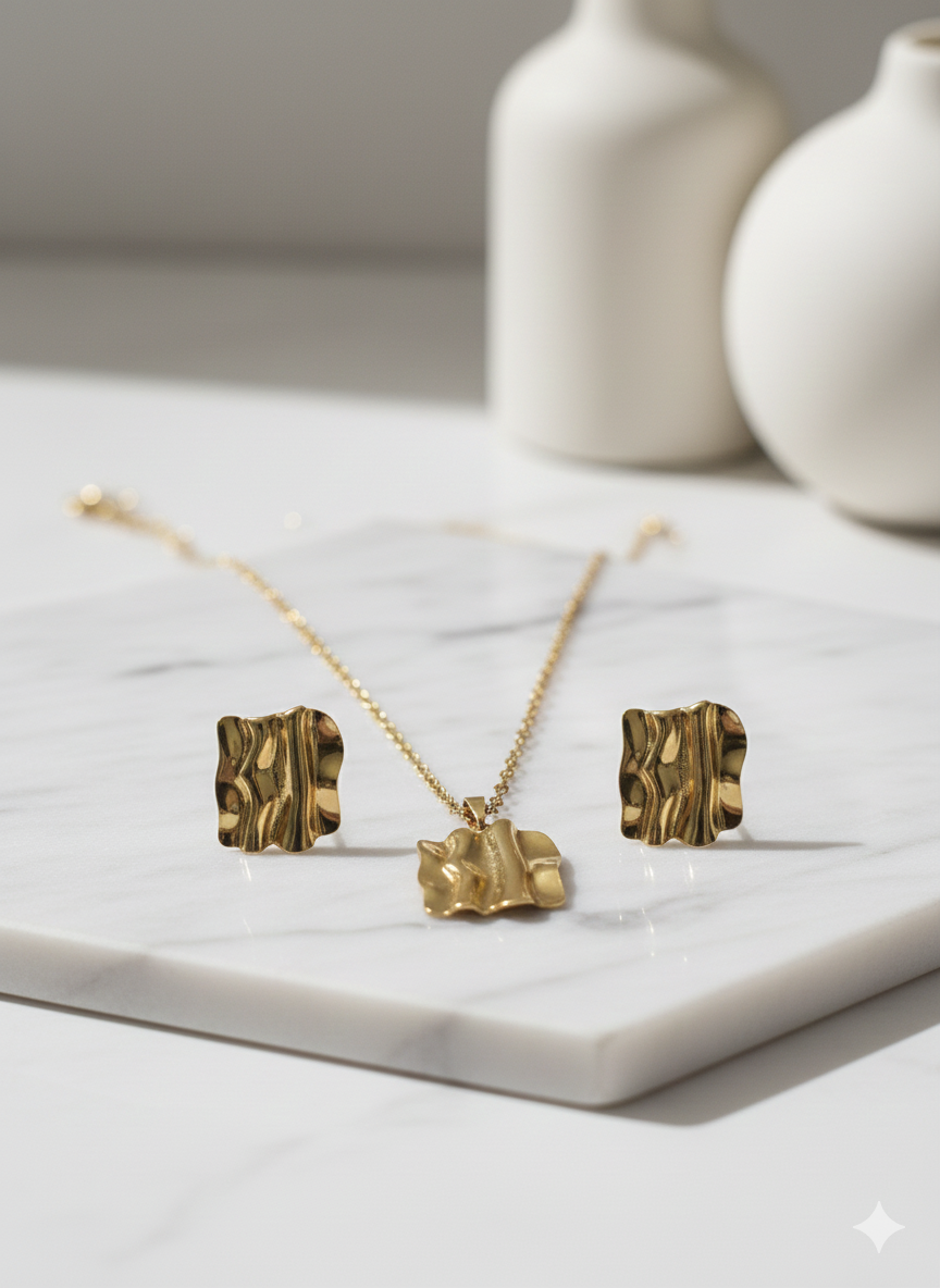 The "Astra" Organic Wave Set – 18K Gold Plated Stainless Steel Necklace & Earrings