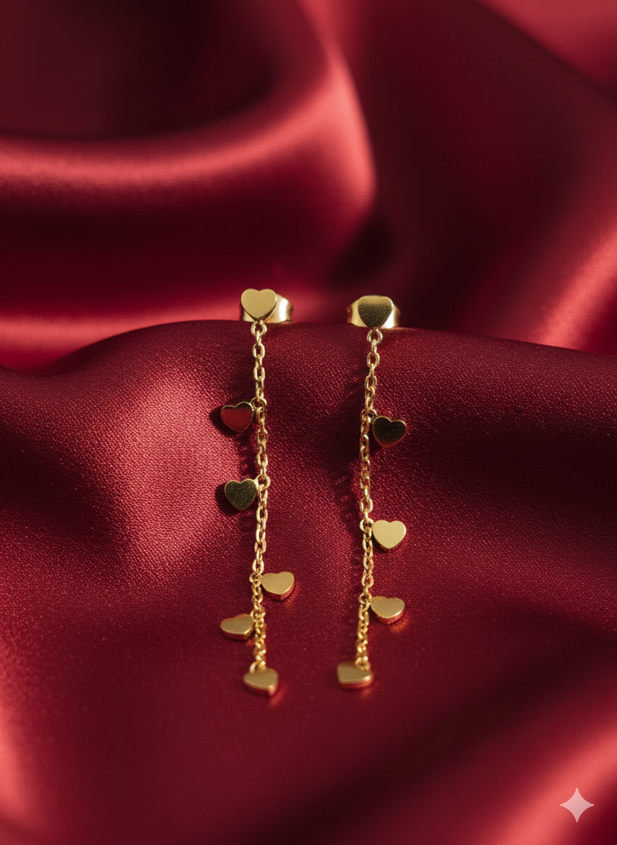 Dainty Cascading Heart Drop Earrings – 18K Gold Plated Stainless Steel – Elegant Multi-Heart Tassel Threader Earrings