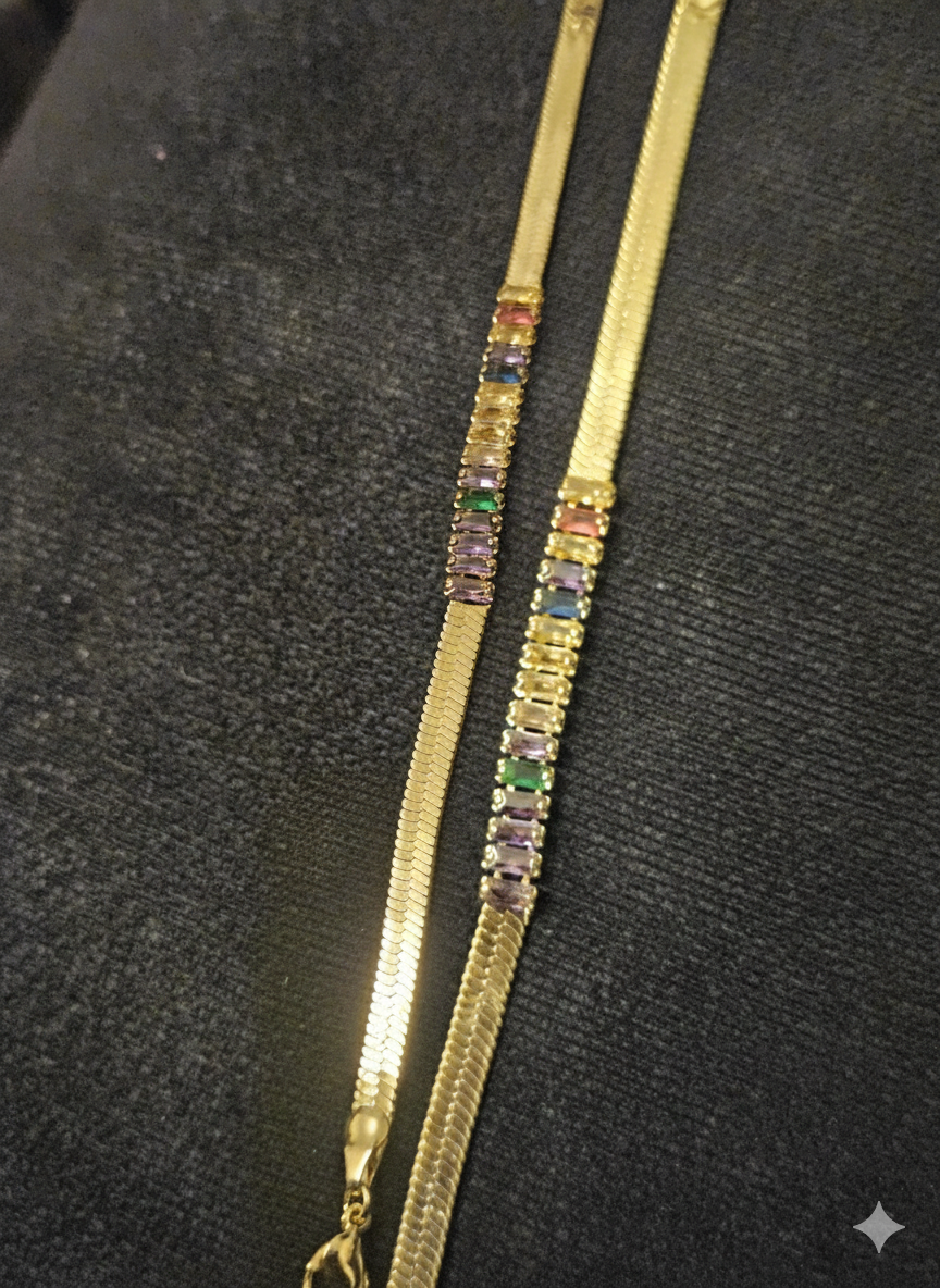 Rainbow Gemstone Herringbone Bracelet – 18K Gold Plated Stainless Steel – Multi-Colour Baget Crystal Flat Snake Chain Jewellery