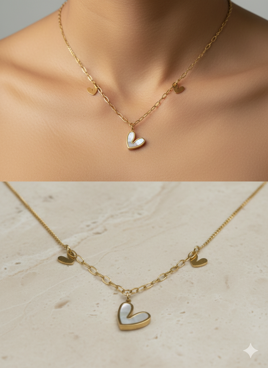 Luxury Stainless Steel Mother of Pearl Heart Charm Necklace - Gold Link Chain