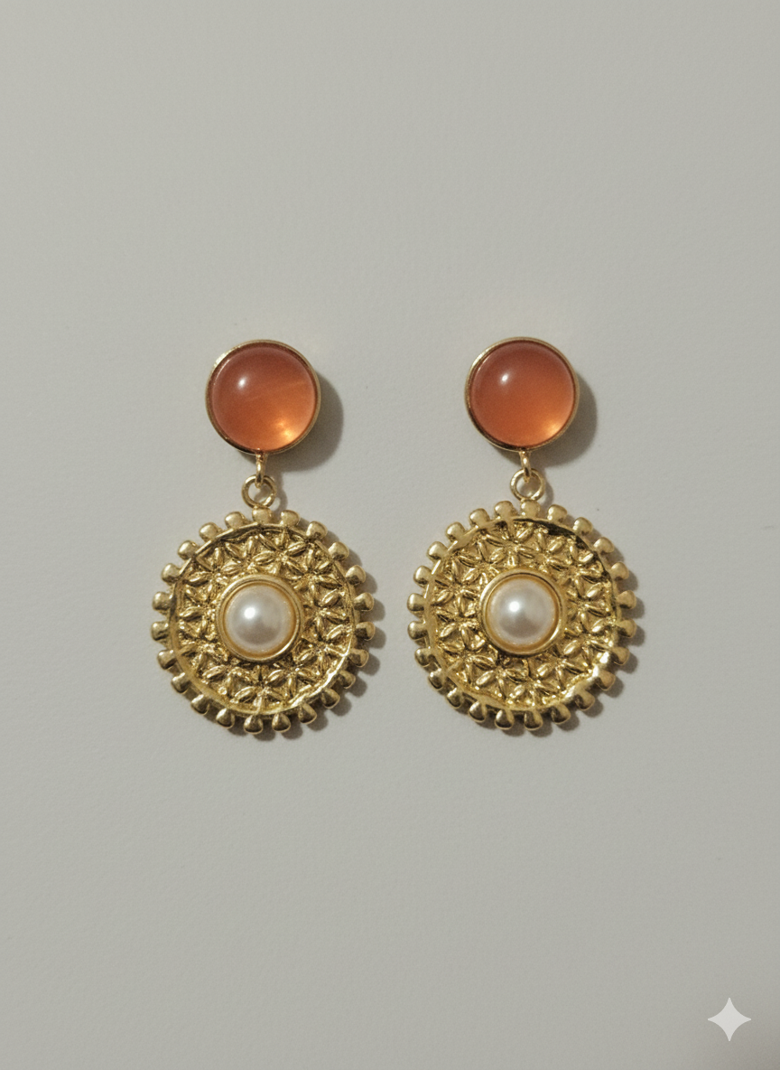 Vintage Medallion Drop Earrings – 18K Gold Plated with Faux Pearl & Amber Resin Detail