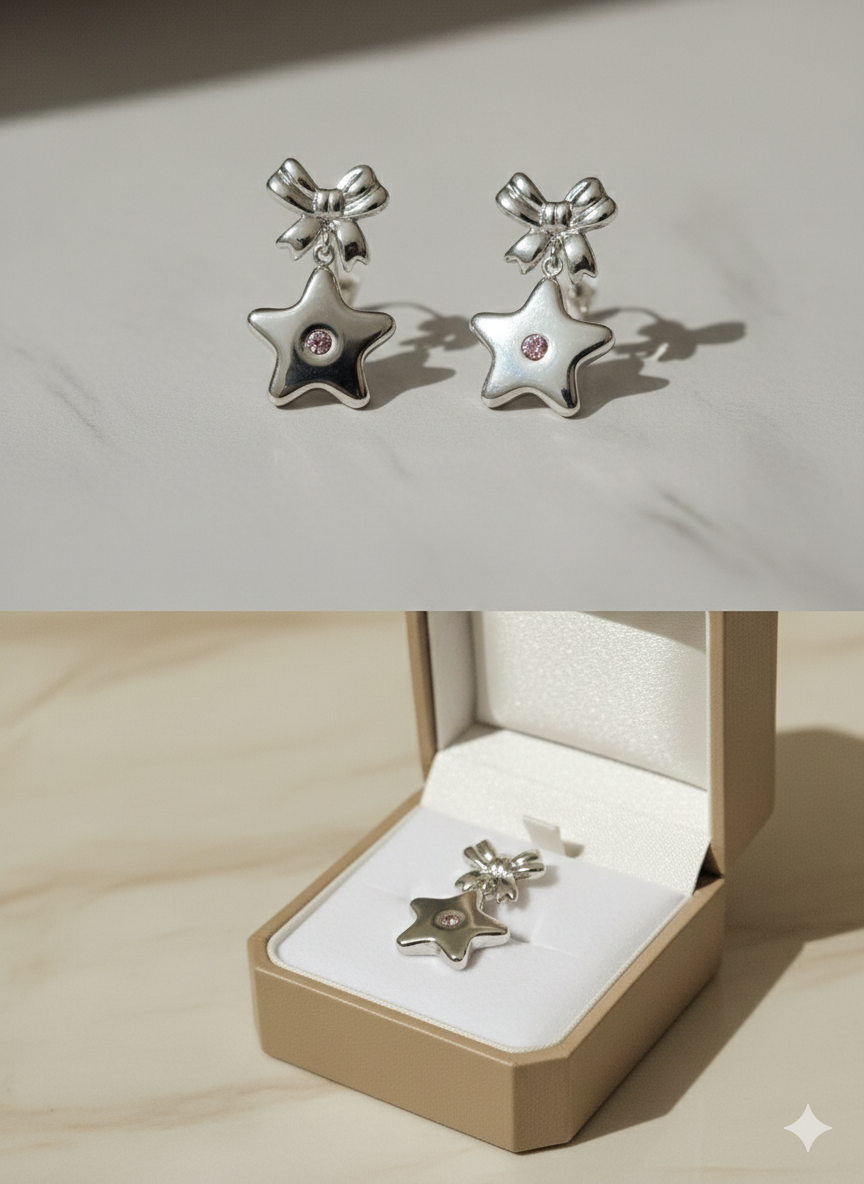 Silver Stainless Steel Bow & Star Drop Earrings - Coquette Aesthetic Jewelry