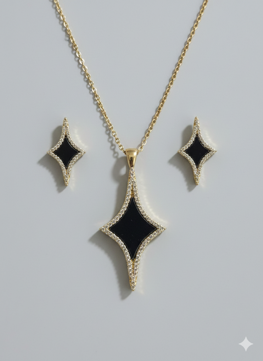 Stainless Steel Black Enamel North Star Jewelry Set - 18K Gold Plated Necklace & Stud Earrings