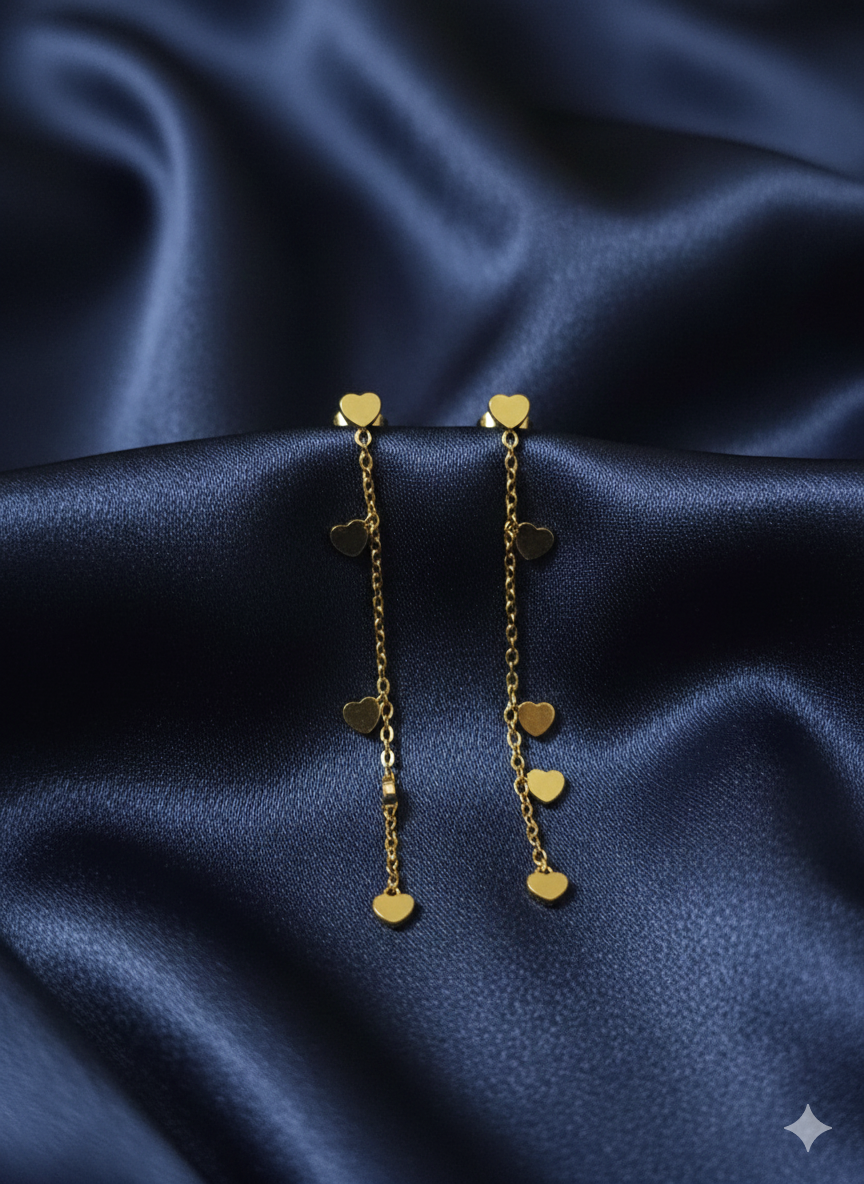 Dainty Cascading Heart Drop Earrings – 18K Gold Plated Stainless Steel – Elegant Multi-Heart Tassel Threader Earrings