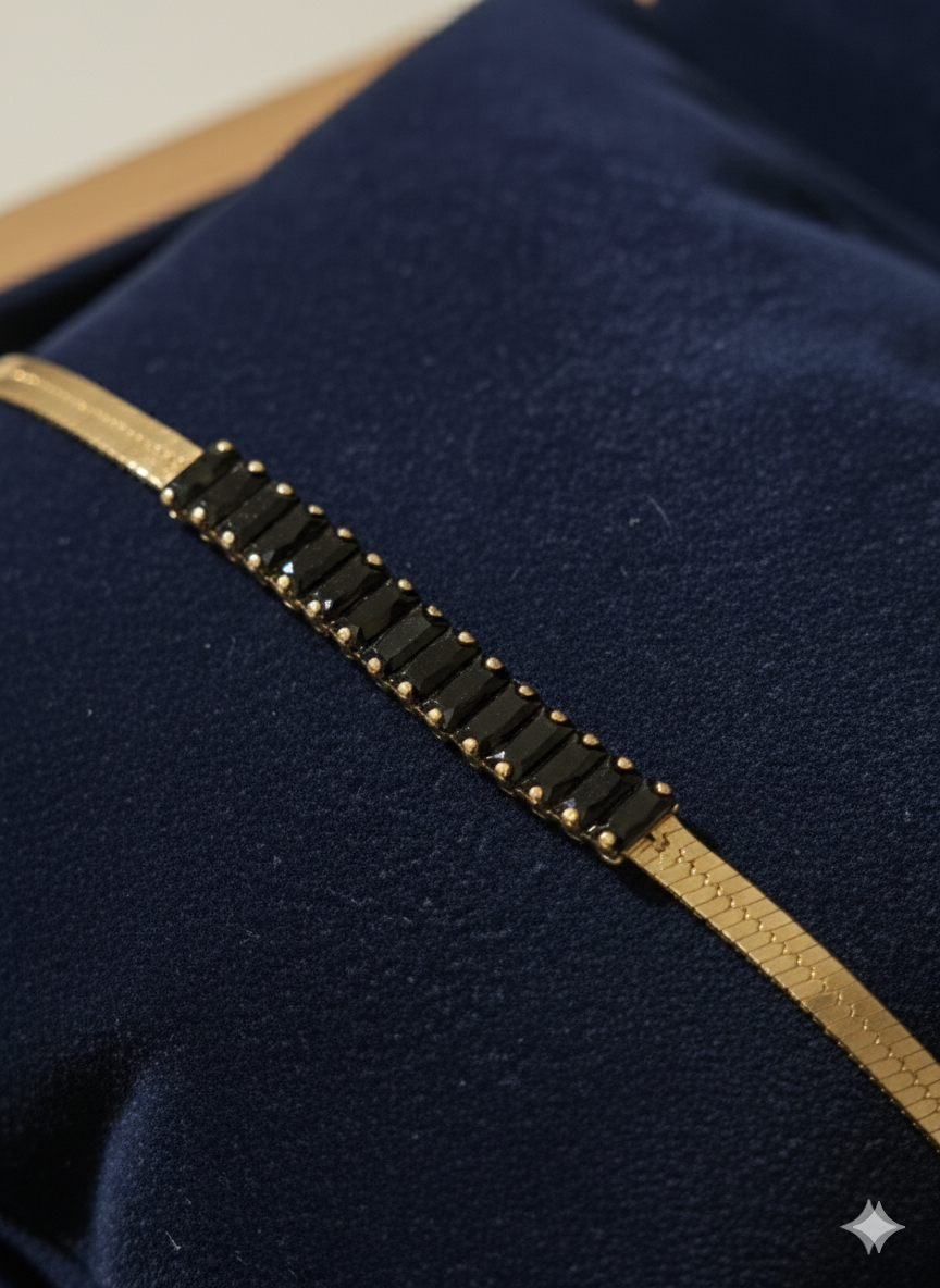 Elegant Herringbone Snake Chain Bracelet with Black Baguette Zirconia