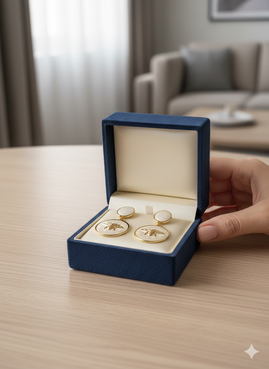 The "Queen Bee" Medallion Drop Earrings – 18K Gold Plated Stainless Steel with Lustrous Pearlescent Inlay