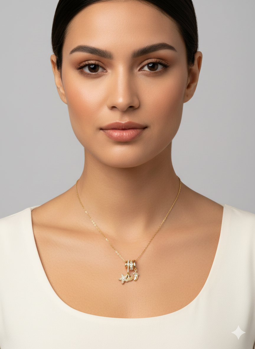 Stainless Steel Mother & Baby Charm Necklace - Gold Star & Baby Footprint