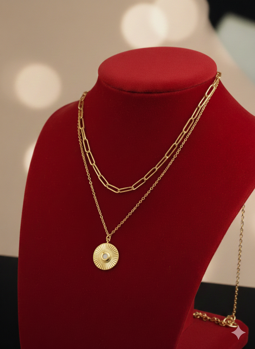 Layered Solstice Medallion & Paperclip Chain Set - 18K Gold PVD Plated 316L Stainless Steel