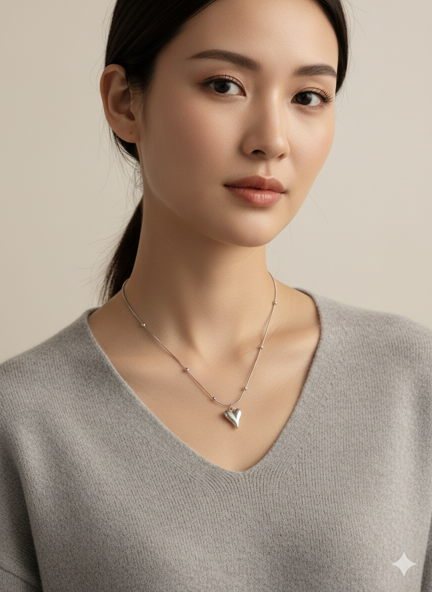 Rhodium Plated Puffy Heart Satellite Necklace