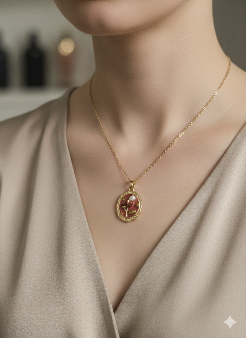 The "Secret Garden" Vintage Medallion – 18K Gold Plated Stainless Steel with Hand-Painted Enamel & Pearl Detail