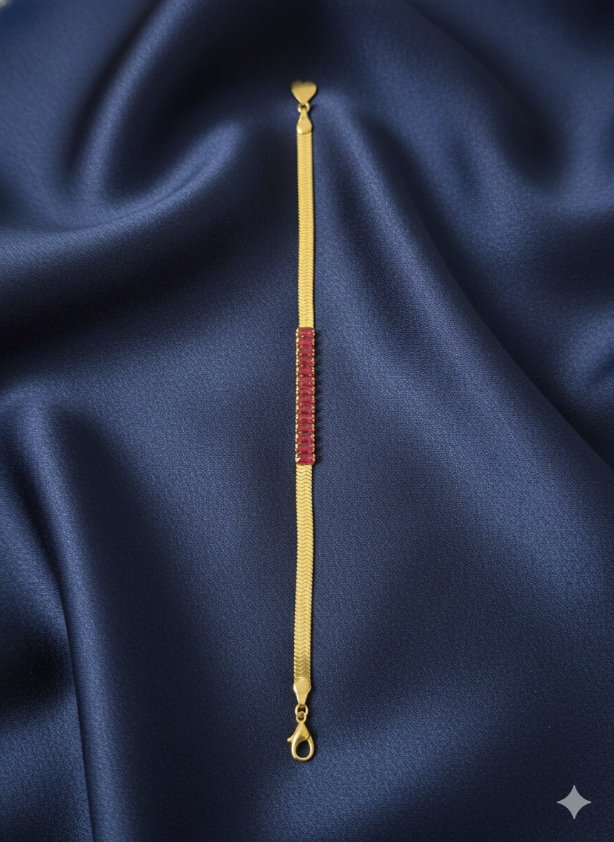 Deep Ruby Red Gemstone Herringbone Bracelet – 18K Gold Plated Stainless Steel – Elegant Red Baguette Crystal Flat Snake Chain