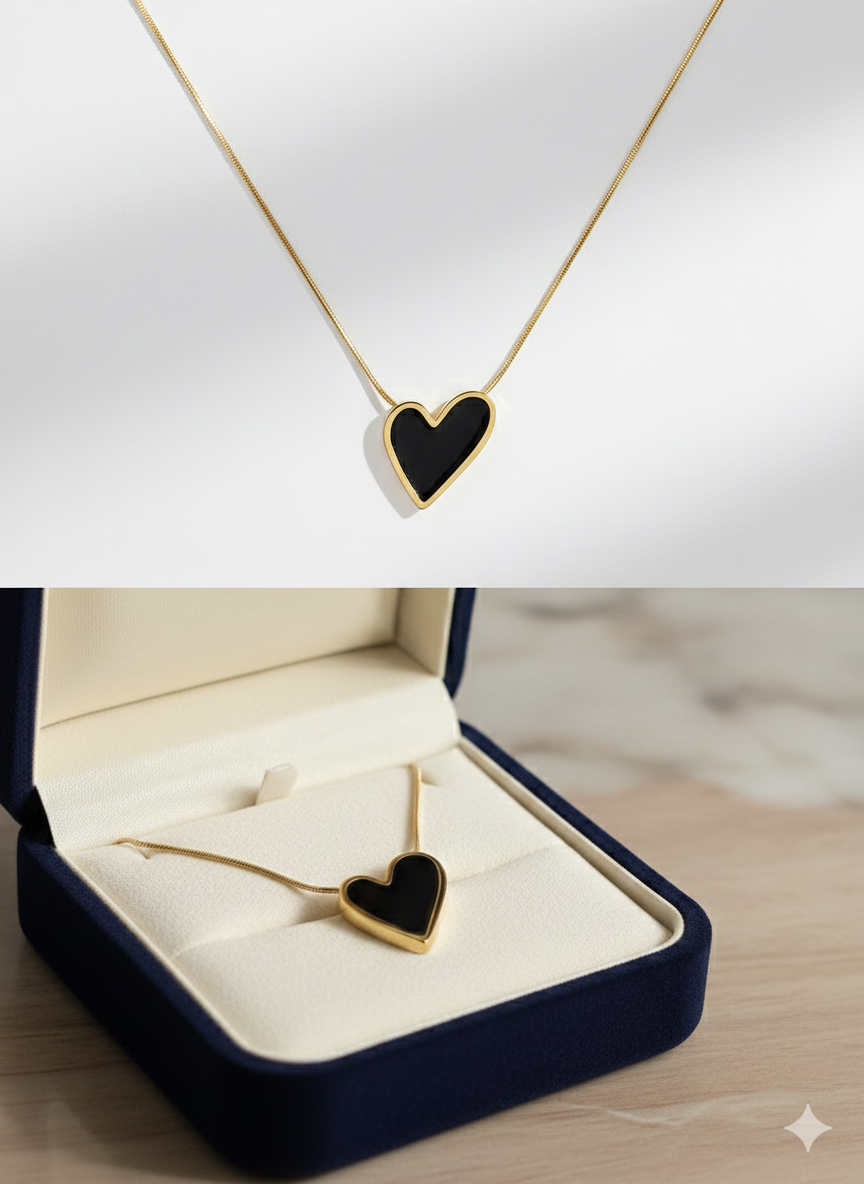 Luxury Stainless Steel Black Onyx-Style Heart Necklace - Minimalist Gold Choker