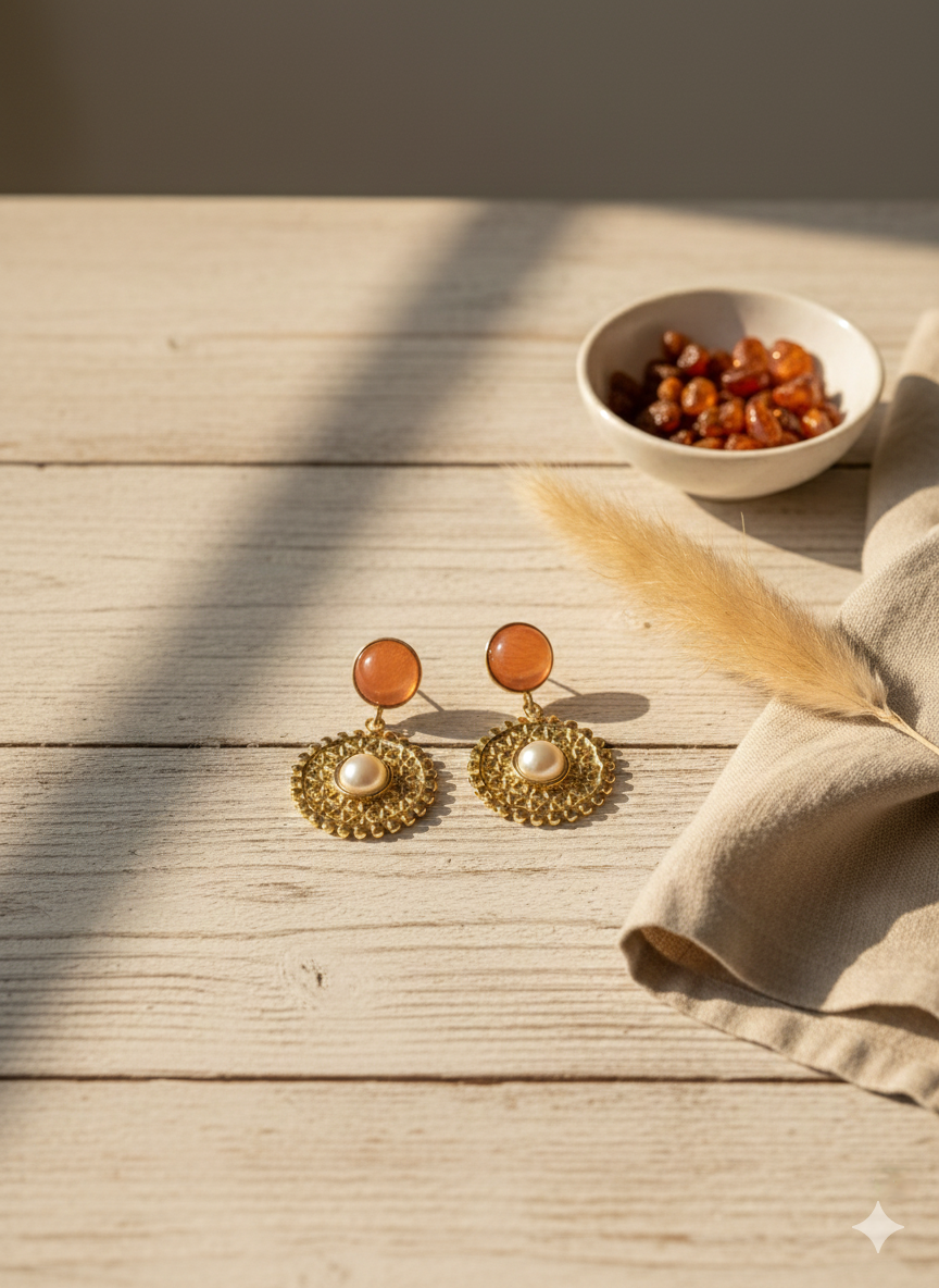 Vintage Medallion Drop Earrings – 18K Gold Plated with Faux Pearl & Amber Resin Detail