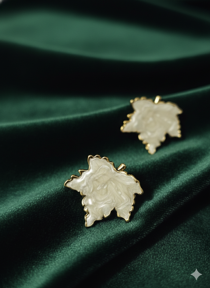 Vintage Maple Leaf Stud Earrings – 18K Gold Plated Stainless Steel – Pearlescent Ivory Enamel Botanical Jewellery – Elegant Autumn Statement