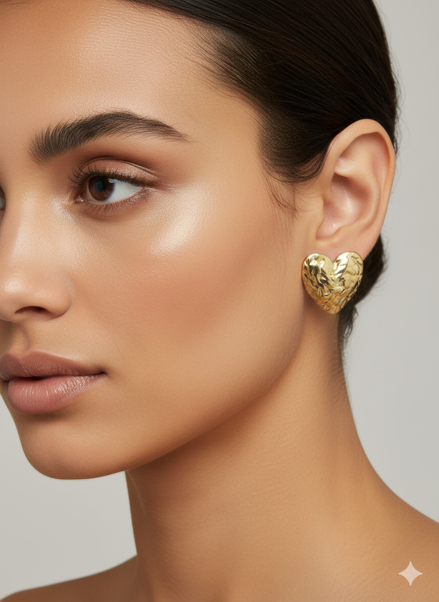 Vintage-Inspired Hammered Heart Stud Earrings – 18K Gold Plated Stainless Steel
