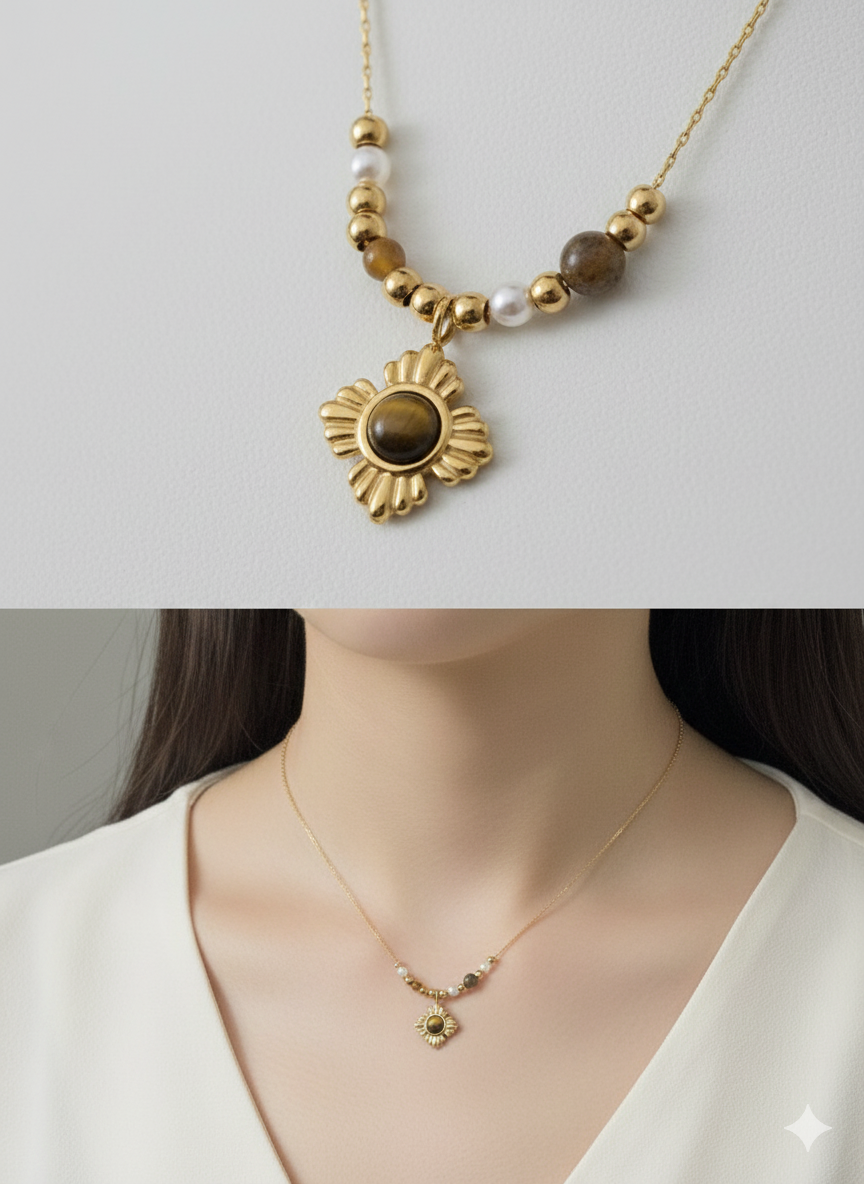 Stainless Steel Tiger’s Eye Sun Pendant Necklace - Gold Beaded Boho Jewelry