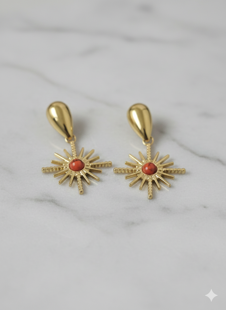Vintage Celestial Sunburst Drop Earrings – 18K Gold Plated Stainless Steel with Red Jasper Detail – Boho Ethnic Statement Earrings