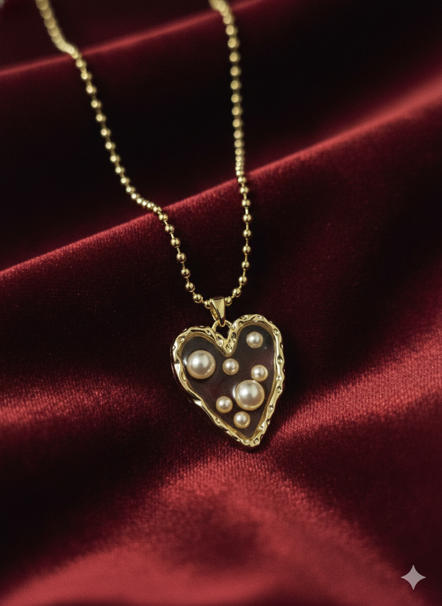 Vintage Enchantment Pearl Heart Pendant Necklace – 18K Gold Plated Stainless Steel – Gothic Romance Black Enamel & Pearl Jewellery