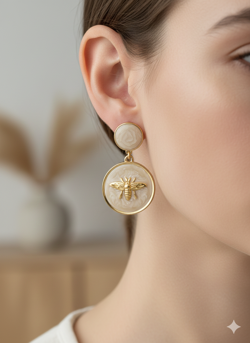 The "Queen Bee" Medallion Drop Earrings – 18K Gold Plated Stainless Steel with Lustrous Pearlescent Inlay