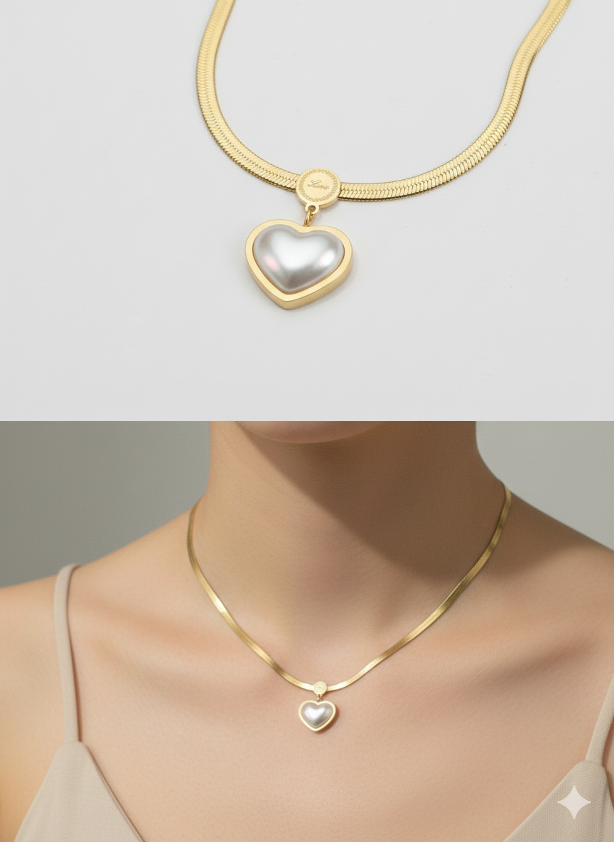 Luxury Stainless Steel Heart Pearl Necklace - Gold Herringbone Snake Chain