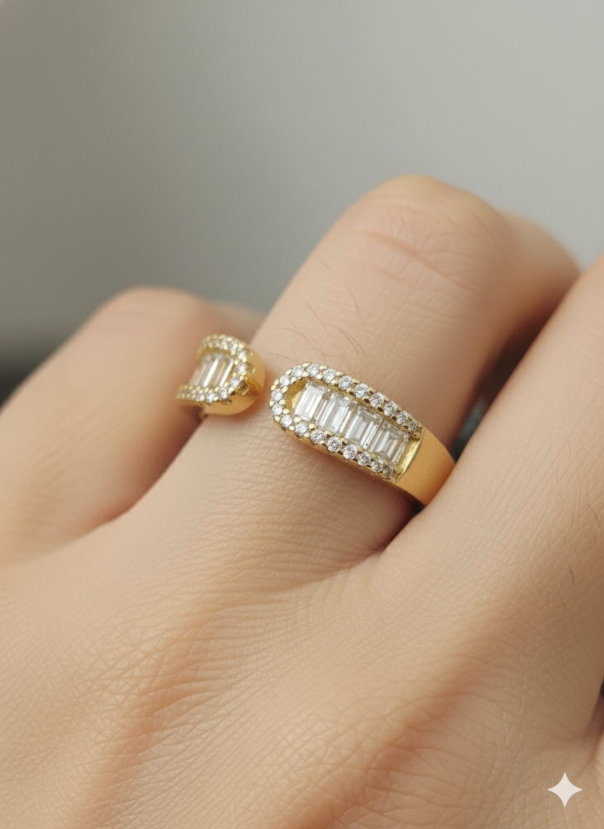 The "Luminaire" Baguette Open Ring – 18K Gold Plated Stainless Steel with Radiant Crystal Pavé
