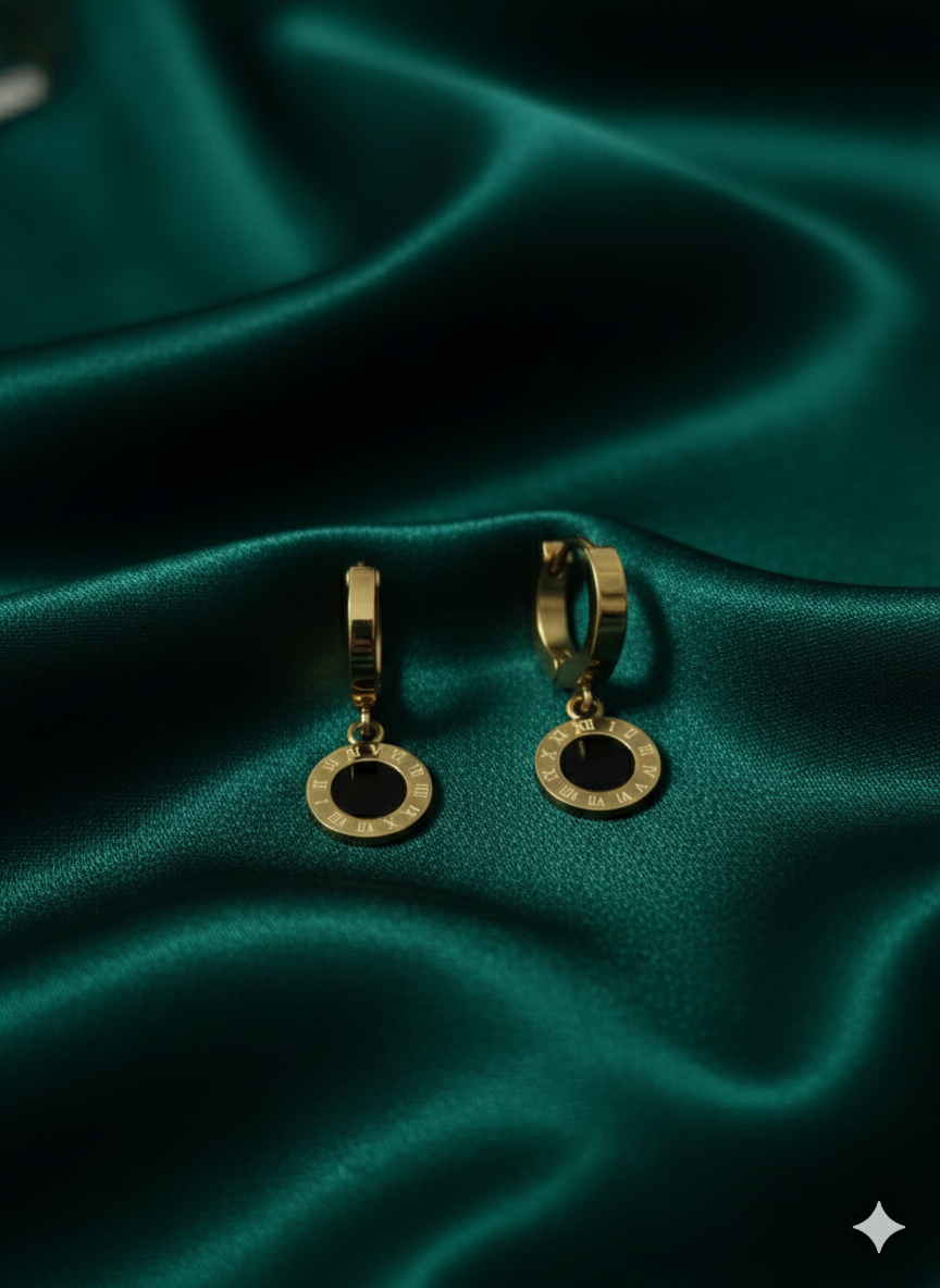 Luxury Roman Numeral Drop Hoop Earrings – 18K Gold Plated Stainless Steel – Black Enamel Medallion Earrings – Elegant Timeless Jewellery