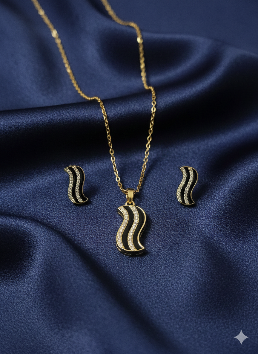 Luxury Noir & Sparkle Wave Jewellery Set – 18K Gold Plated Stainless Steel – Curved Midnight Enamel & Crystal Necklace and Earrings Set