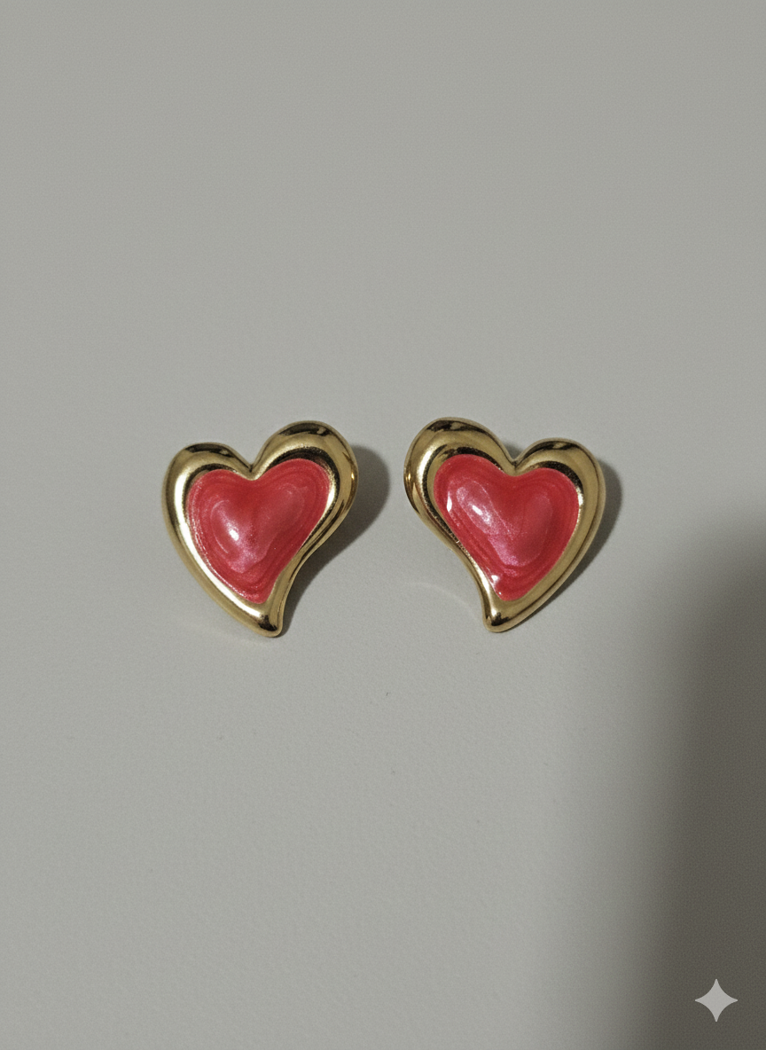 Enamel Heart Statement Studs – 18K Gold Plated Stainless Steel with Pink Gloss Finish