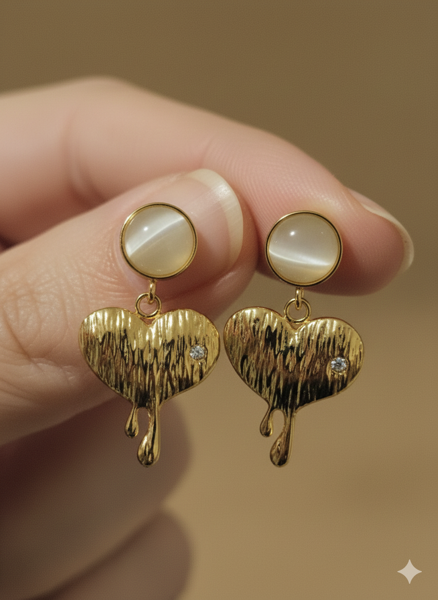 18K Gold Plated Vintage Textured Heart Drop Earrings with Cat-Eye Stones