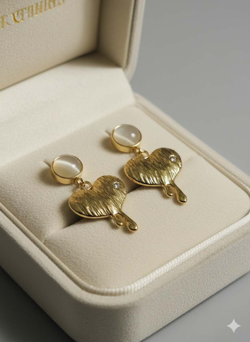 18K Gold Plated Vintage Textured Heart Drop Earrings with Cat-Eye Stones