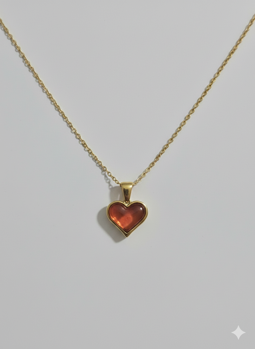 18K Gold Plated Vintage Minimalist Heart Necklace with Amber Glass
