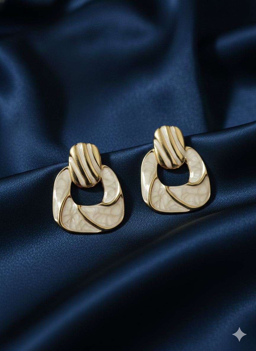 Art Deco Inspired Geometric Drop Earrings – 18K Gold Plated Stainless Steel – Ivory Enamel & Ribbed Gold Statement Studs – Vintage Elegance