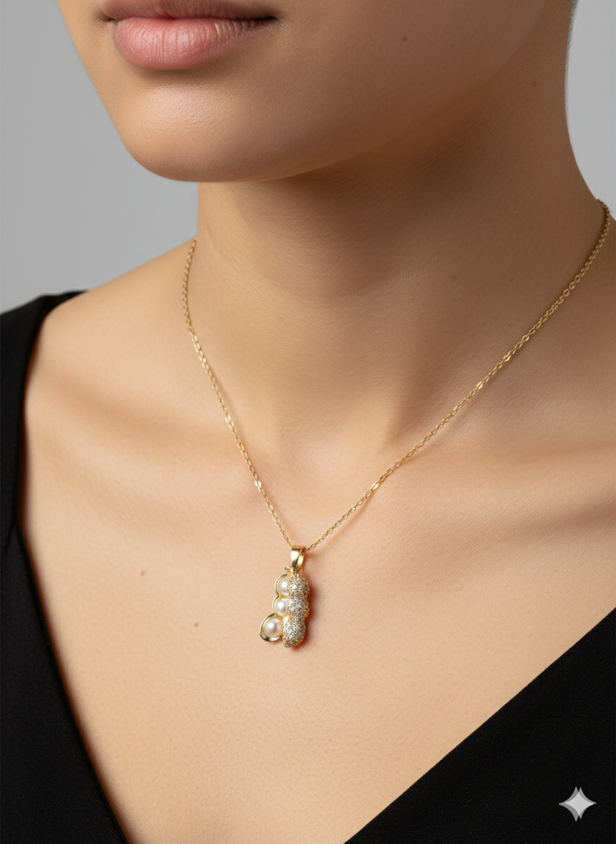 Stainless Steel "Three Peas in a Pod" Pearl Necklace - Gold Zirconia Accents