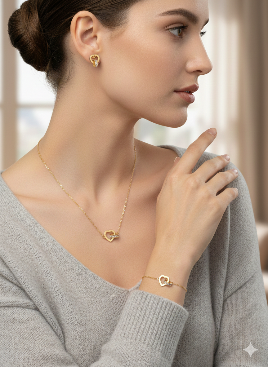 Luxury 18K Gold Plated Stainless Steel Interlocking Heart & Crystal Ring Jewellery Set – Necklace, Bracelet & Earrings