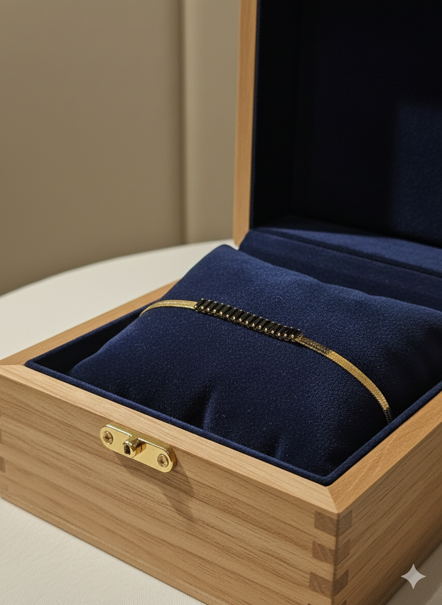 Elegant Herringbone Snake Chain Bracelet with Black Baguette Zirconia