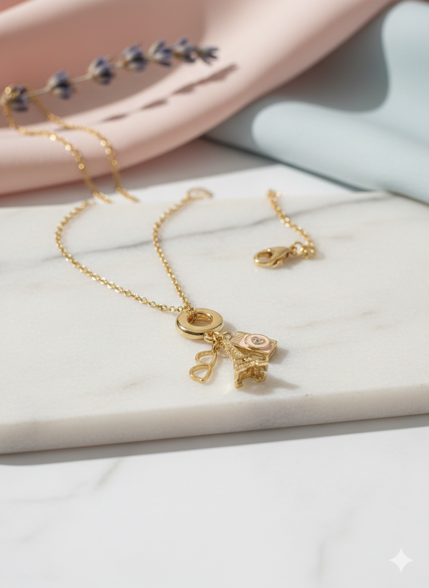 Chic Paris-Themed Gold Charm Necklace - Eiffel Tower, Camera & Sunglasses