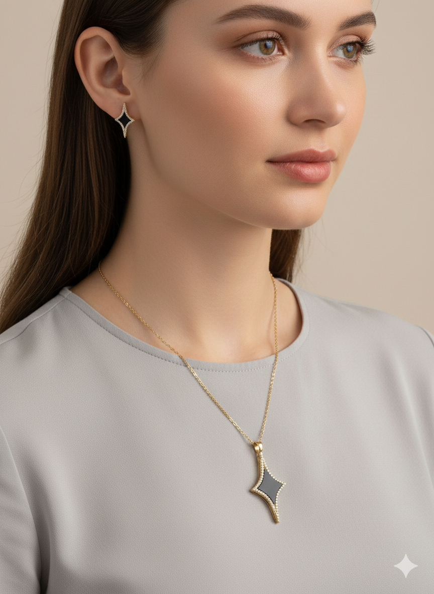 Stainless Steel Black Enamel North Star Jewelry Set - 18K Gold Plated Necklace & Stud Earrings