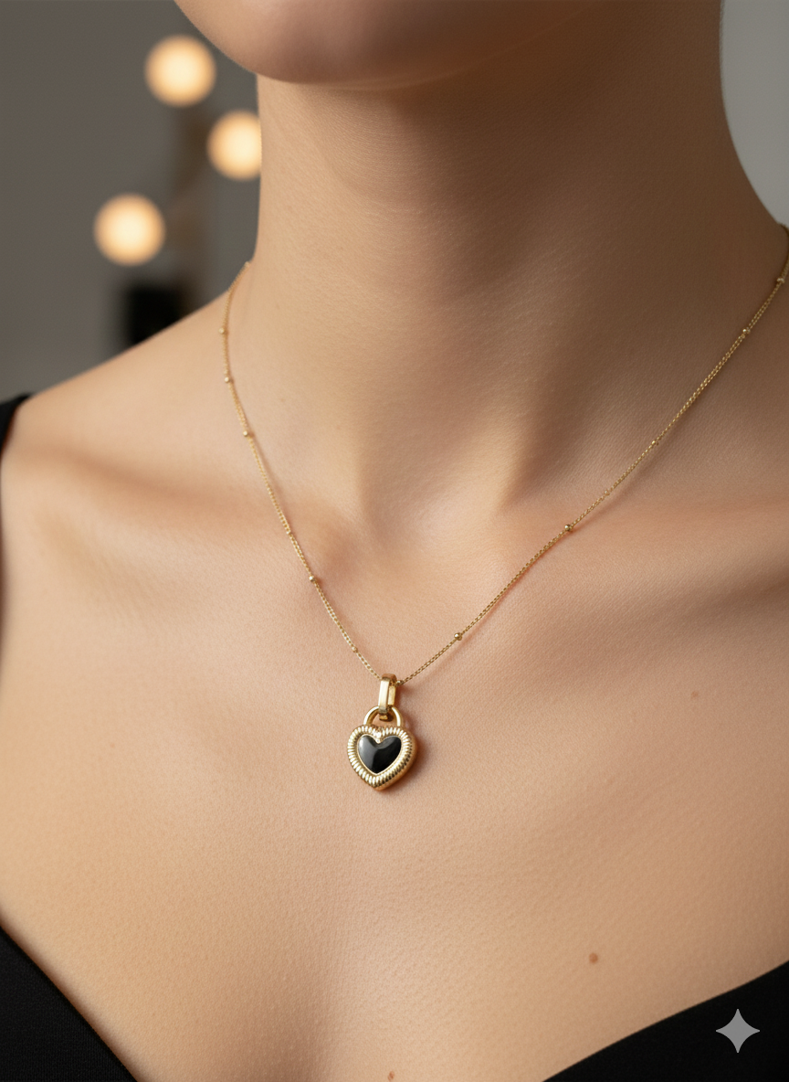 The "Duality Heart" Reversible Necklace – Black Onyx & White Pearl Effect, 18K Gold Plated Stainless Steel