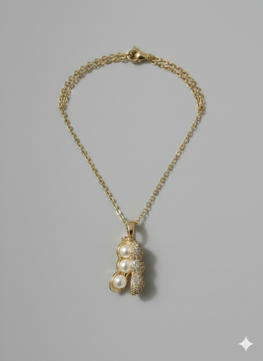 Stainless Steel "Three Peas in a Pod" Pearl Necklace - Gold Zirconia Accents