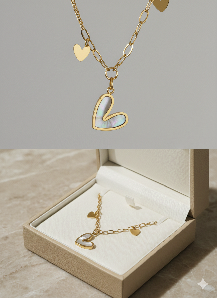 Luxury Stainless Steel Mother of Pearl Heart Charm Necklace - Gold Link Chain