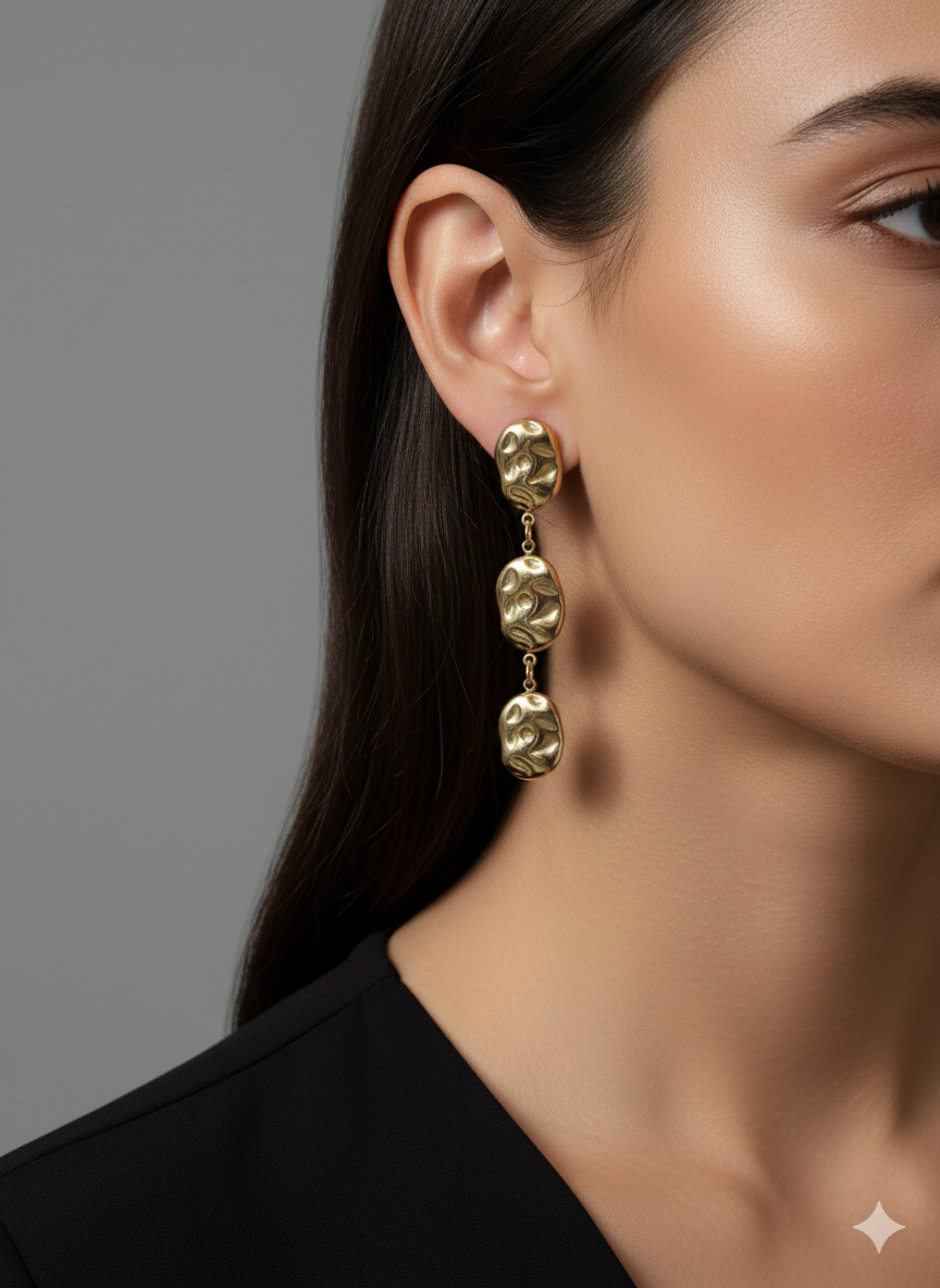 Stainless Steel Organic Hammered Triple Drop Earrings - Tarnish-Free Gold Dangles